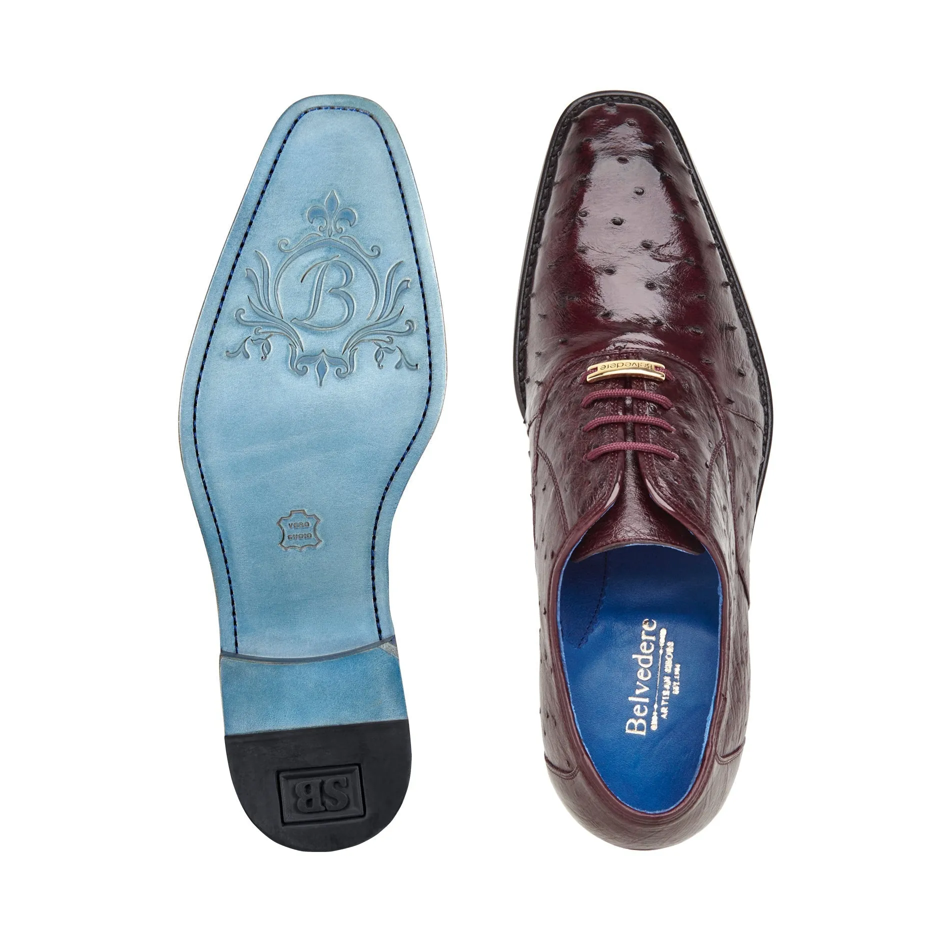 Belvedere Orlando D01 Men's Shoes Burgundy Genuine Ostrich Formal Oxfords (BV3137)