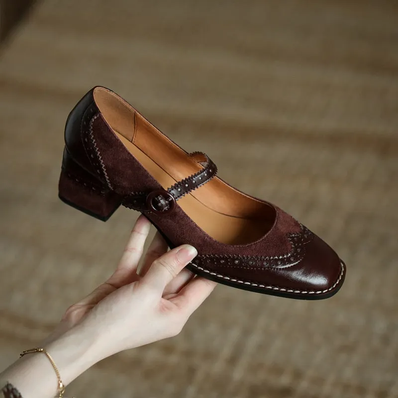 new Women pumps natural leather 22-25cm length Brogues shoes Cowhide   sheep suede upper Mary Jane shoes platform shoes