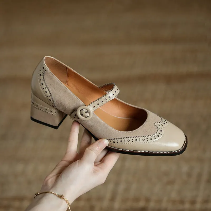 new Women pumps natural leather 22-25cm length Brogues shoes Cowhide   sheep suede upper Mary Jane shoes platform shoes