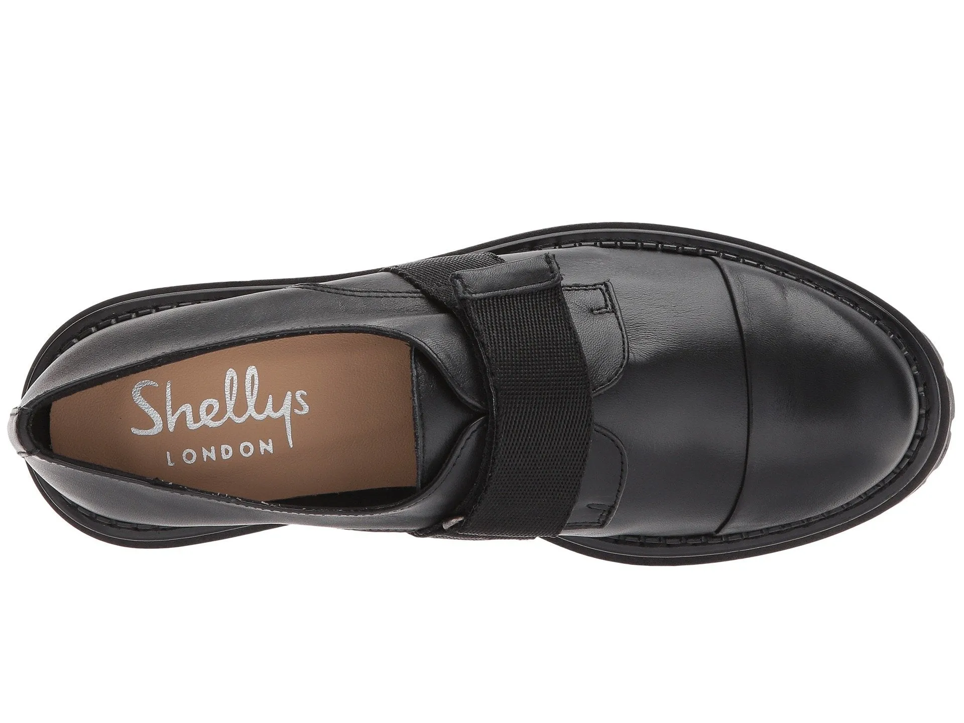 Shellys London Keeper Black Leather Strap Chunky Block Heel Loafer