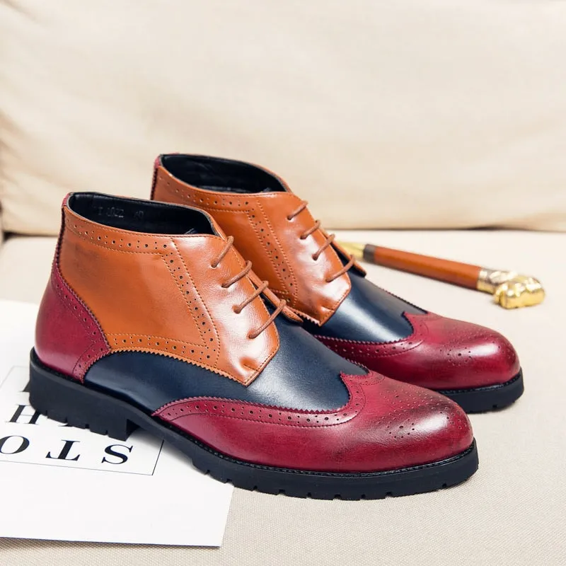 Yeknu Brand Men Leather Formal Lace Up Dress Shoes Oxfords Retro High Top Elegant Work Footwear Dress Casual Shoes 8002-1