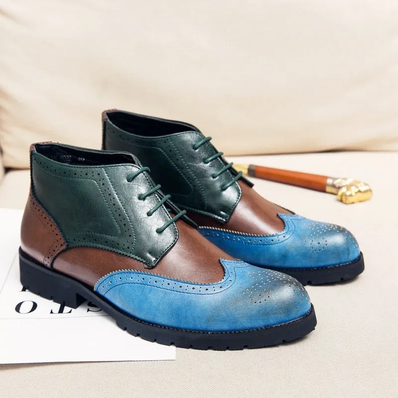 Yeknu Brand Men Leather Formal Lace Up Dress Shoes Oxfords Retro High Top Elegant Work Footwear Dress Casual Shoes 8002-1