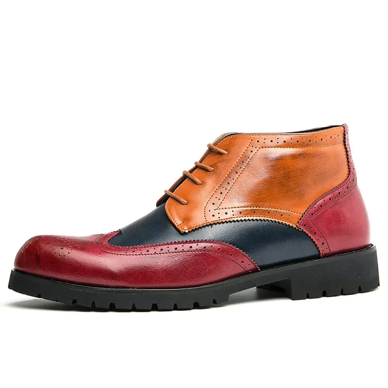 Yeknu Brand Men Leather Formal Lace Up Dress Shoes Oxfords Retro High Top Elegant Work Footwear Dress Casual Shoes 8002-1