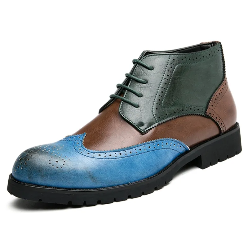Yeknu Brand Men Leather Formal Lace Up Dress Shoes Oxfords Retro High Top Elegant Work Footwear Dress Casual Shoes 8002-1