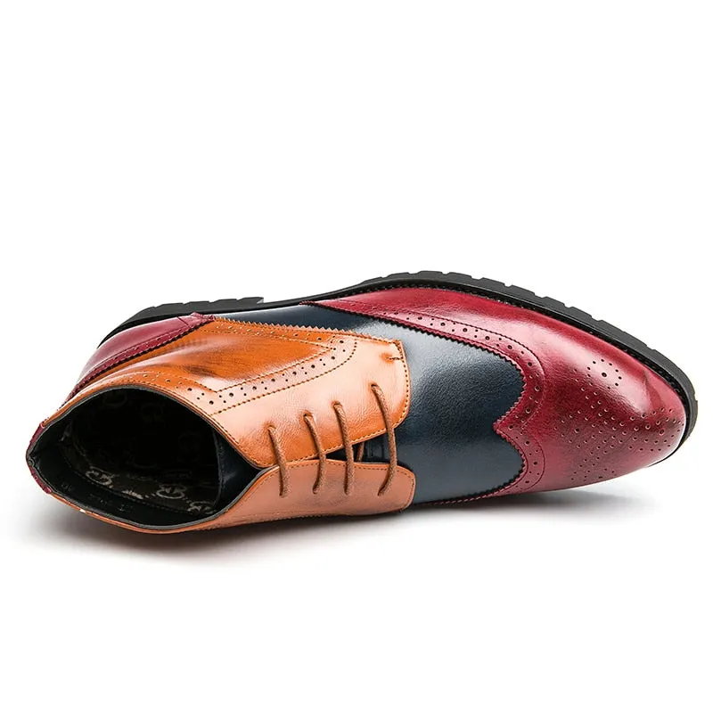 Yeknu Brand Men Leather Formal Lace Up Dress Shoes Oxfords Retro High Top Elegant Work Footwear Dress Casual Shoes 8002-1